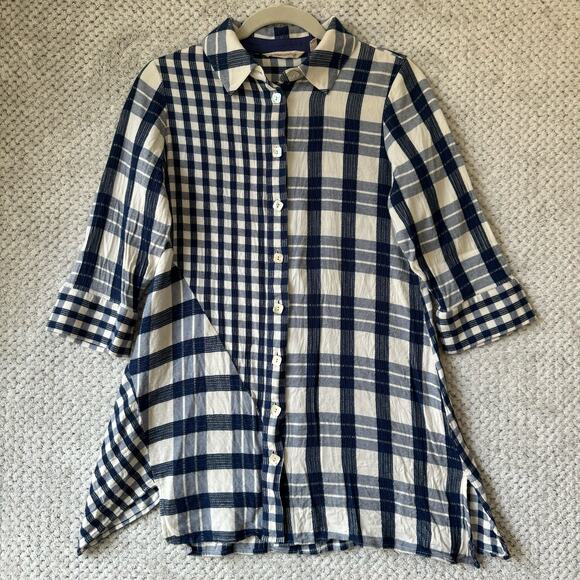 Soft Surroundings Top XS Blue White Plaid Huntleigh Button Down 3/4 Sleeves - Picture 1 of 11